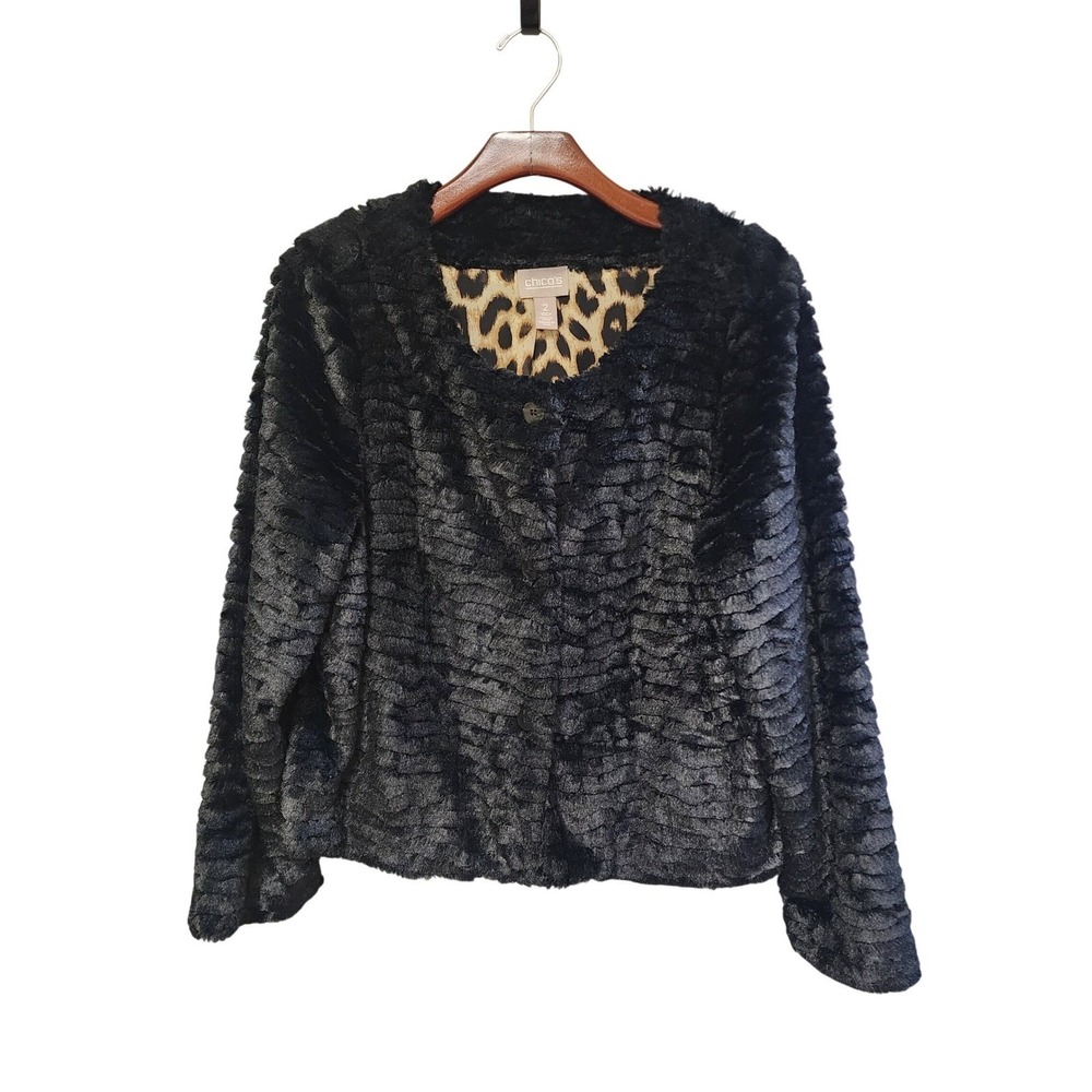 Chico's Black Faux Fur cropped Jacket Leopard Print Lining button Front Size 2